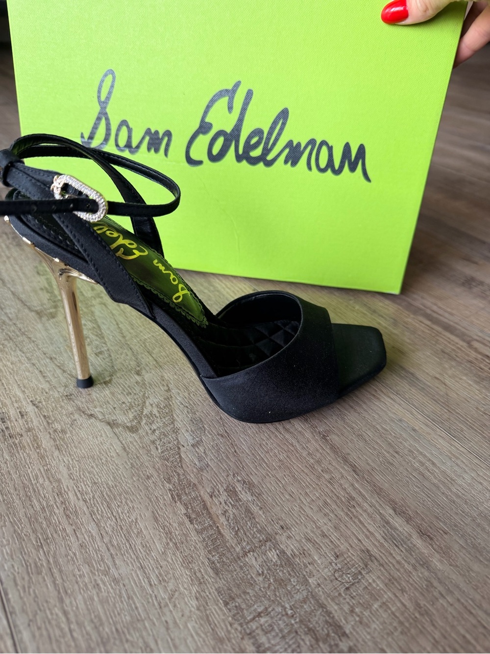 Sam Edelman Black Satin Open-Toe Stiletto Sandals with Gold Heel